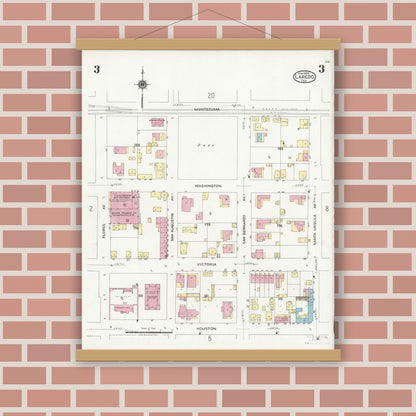 Old map wall art mockup — magnetic wood frame on brick wall — Sanborn Fire Insurance Map from Laredo, Webb County, Texas (1925), Sheet #0003