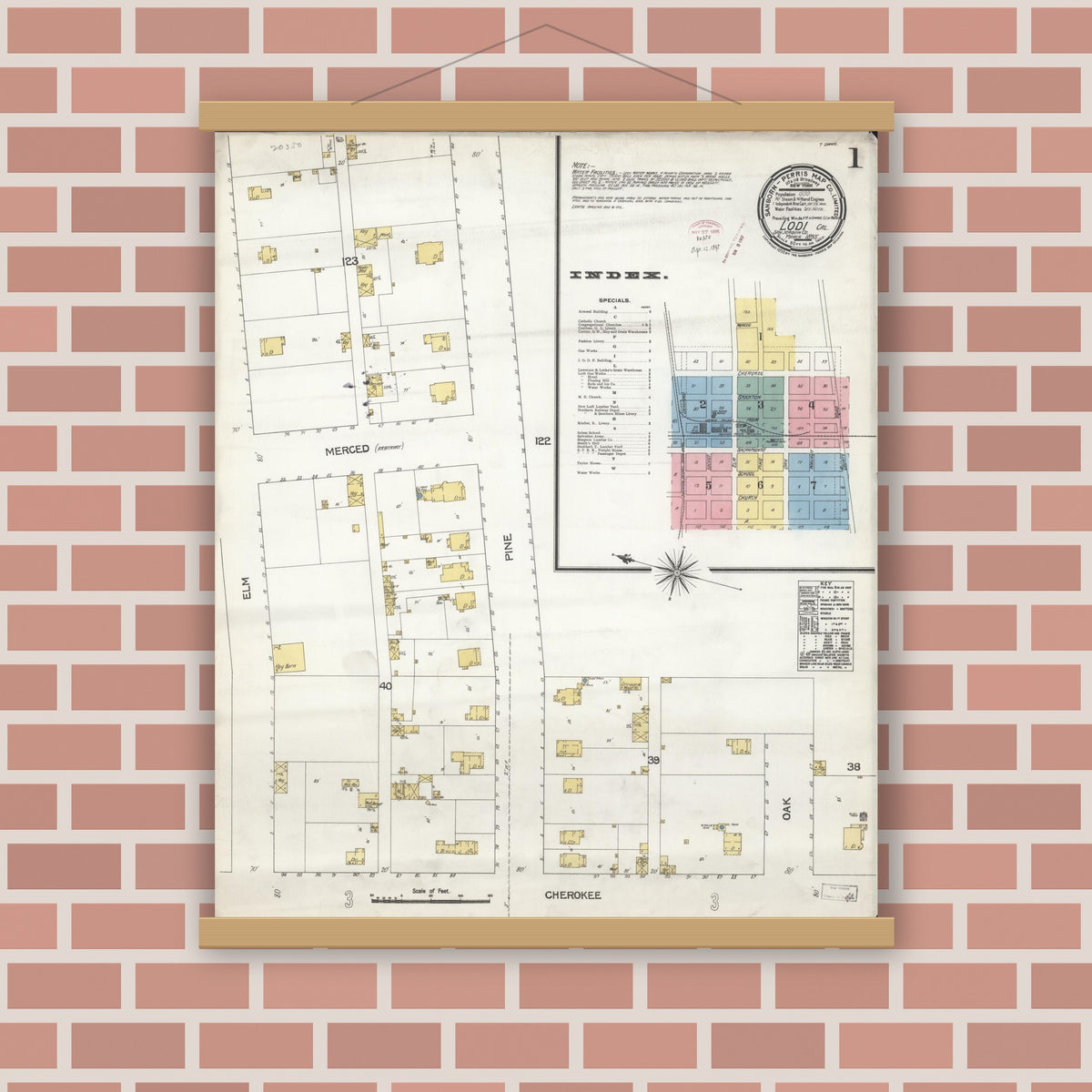 Old map wall art mockup — magnetic wood frame on brick wall — Sanborn Fire Insurance Map from Lodi, San Joaquin County, California (1895) - Complete Map Set