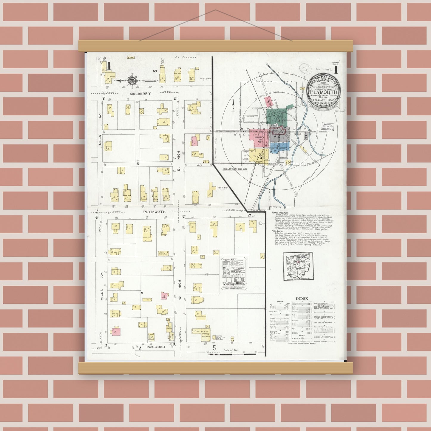 Old map wall art mockup — magnetic wood frame on brick wall — Sanborn Fire Insurance Map from Plymouth, Huron And Richland Counties, Ohio (1924), Sheet #0001
