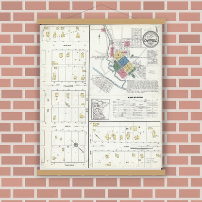 Old map wall art mockup — magnetic wood frame on brick wall — Sanborn Fire Insurance Map from Chatfield, Fillmore And Olmsted Counties, Minnesota (1920) - Complete Map Set