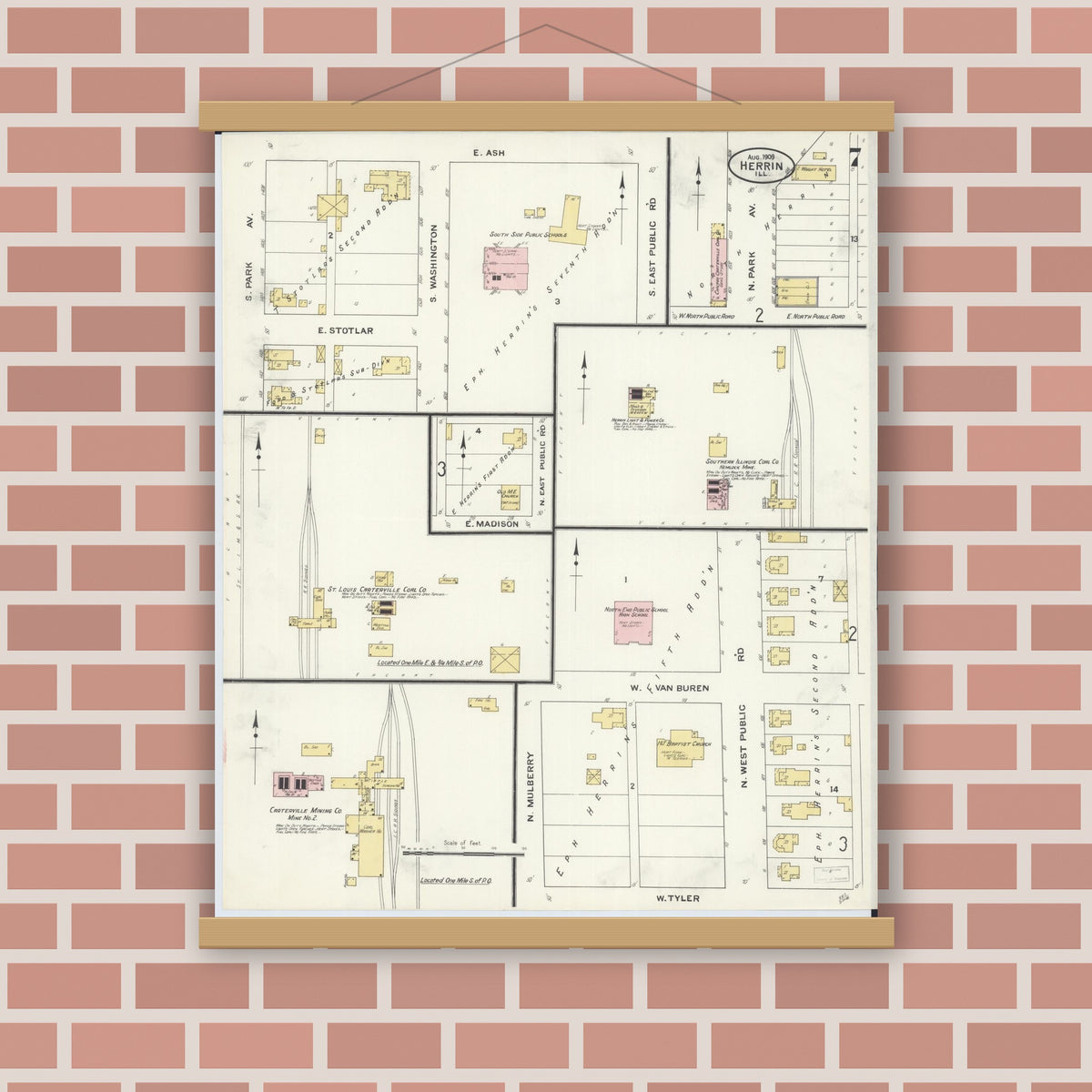 Old map wall art mockup — magnetic wood frame on brick wall — Sanborn Fire Insurance Map from Herrin, Williamson County, Illinois (1909), Sheet #0007
