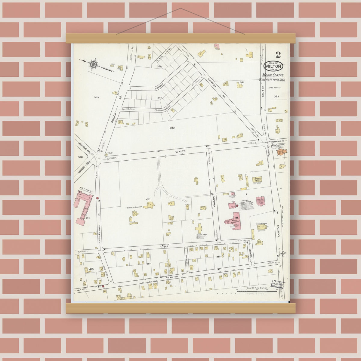 Old map wall art mockup — magnetic wood frame on brick wall — Sanborn Fire Insurance Map from Milton, Norfolk County, Massachusetts (1917), Sheet #0002