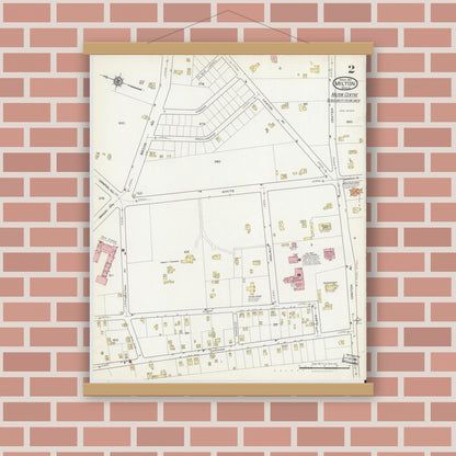 Old map wall art mockup — magnetic wood frame on brick wall — Sanborn Fire Insurance Map from Milton, Norfolk County, Massachusetts (1917), Sheet #0002