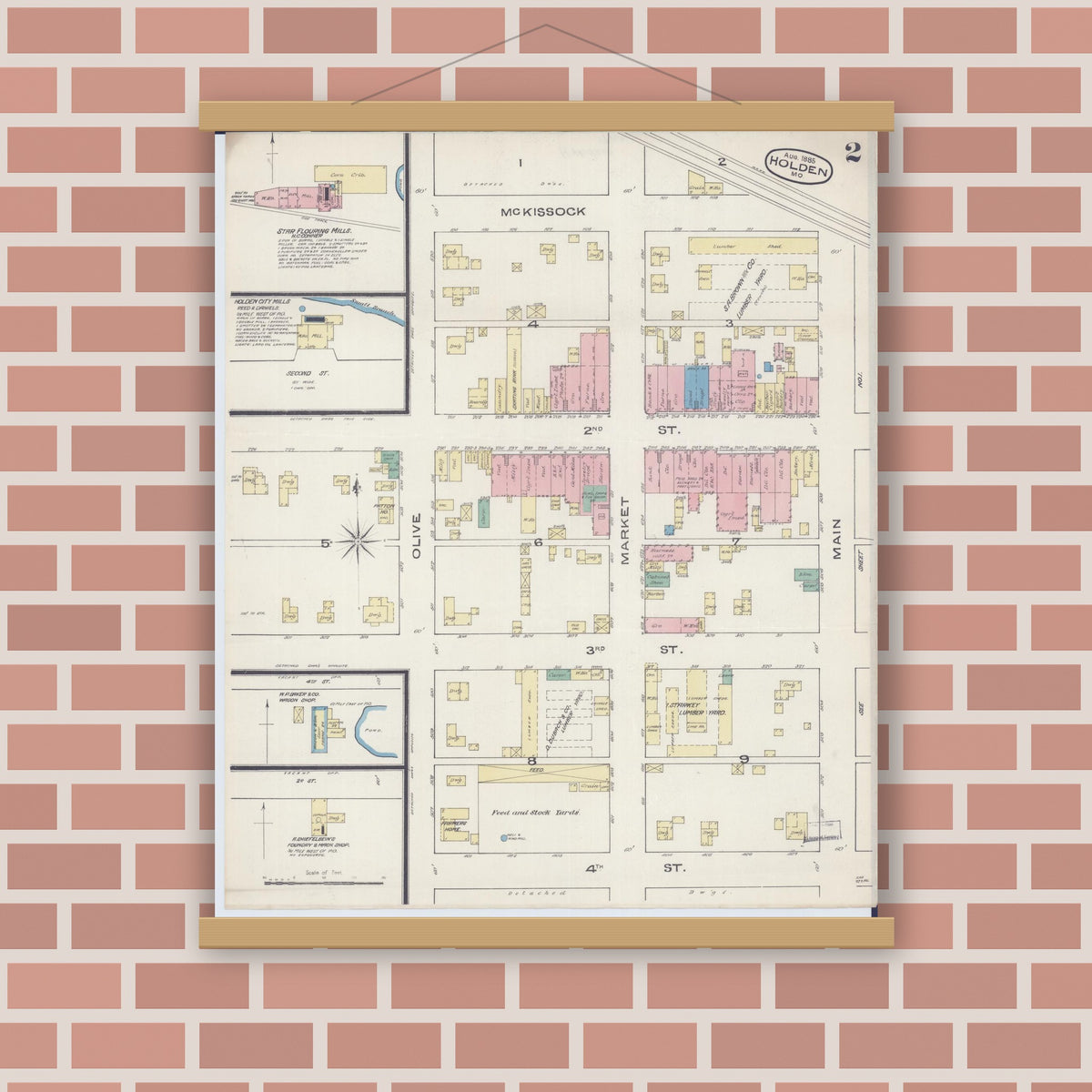 Old map wall art mockup — magnetic wood frame on brick wall — Sanborn Fire Insurance Map from Holden, Johnson County, Missouri (1885), Sheet #0002