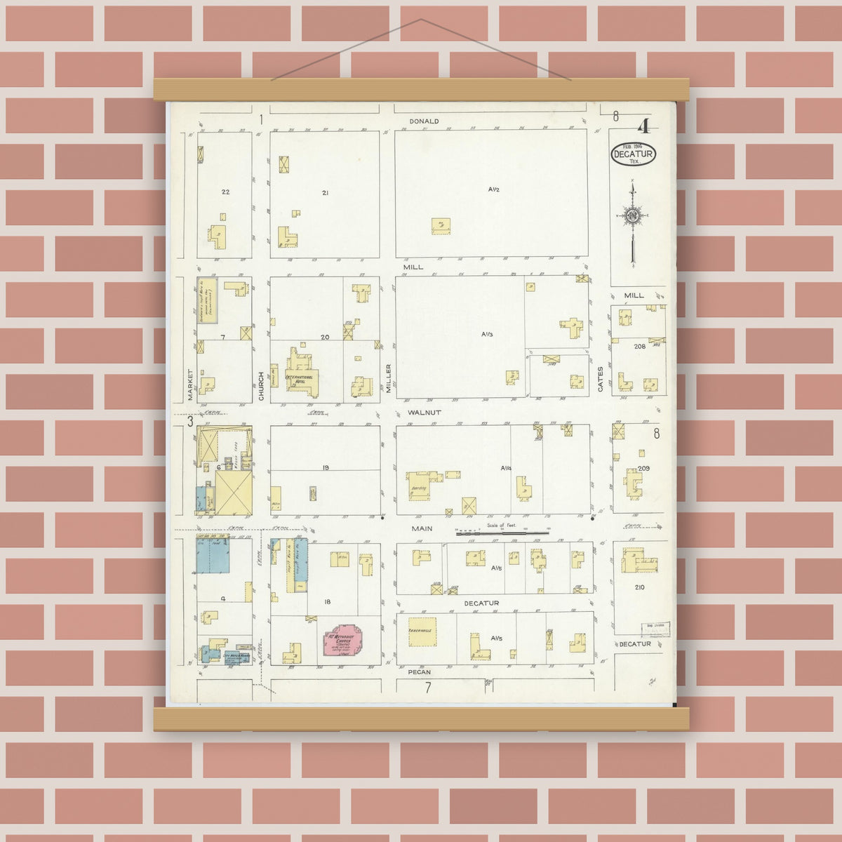 Old map wall art mockup — magnetic wood frame on brick wall — Sanborn Fire Insurance Map from Decatur, Wise County, Texas (1914), Sheet #0004