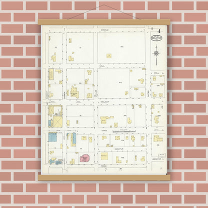 Old map wall art mockup — magnetic wood frame on brick wall — Sanborn Fire Insurance Map from Decatur, Wise County, Texas (1914), Sheet #0004