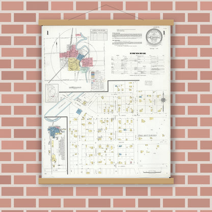 Old map wall art mockup — magnetic wood frame on brick wall — Sanborn Fire Insurance Map from Chesaning, Saginaw County, Michigan (1935) - Complete Map Set