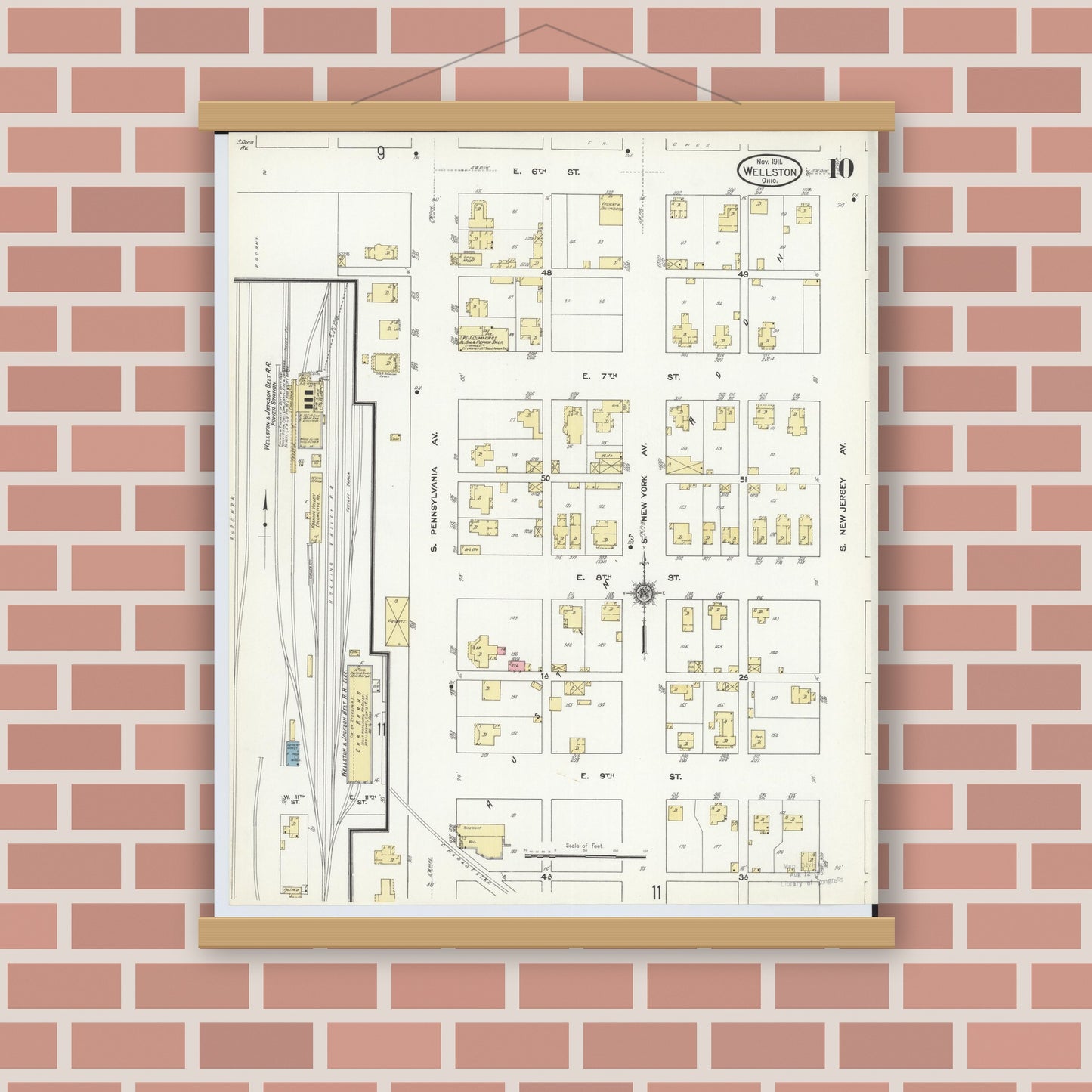 Old map wall art mockup — magnetic wood frame on brick wall — Sanborn Fire Insurance Map from Wellston, Jackson County, Ohio (1911), Sheet #0010