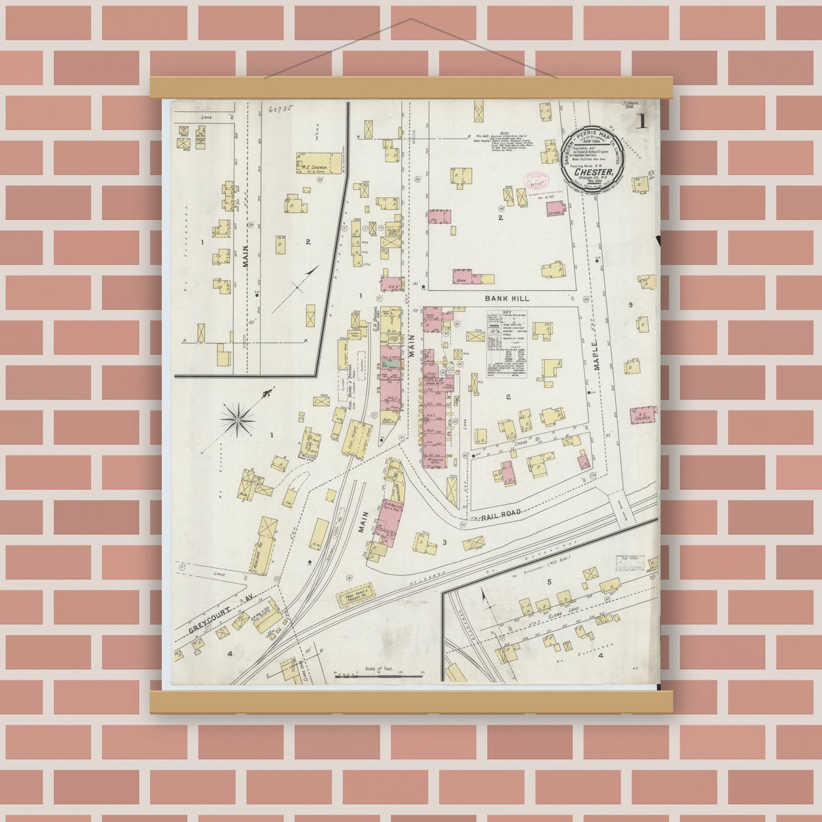 Old map wall art mockup — magnetic wood frame on brick wall — Sanborn Fire Insurance Map from Chester, Orange County, New York (1894), Sheet #0001