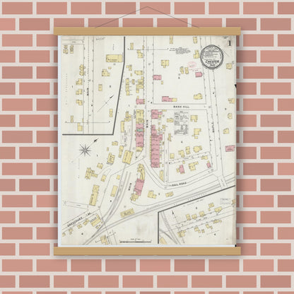 Old map wall art mockup — magnetic wood frame on brick wall — Sanborn Fire Insurance Map from Chester, Orange County, New York (1894), Sheet #0001