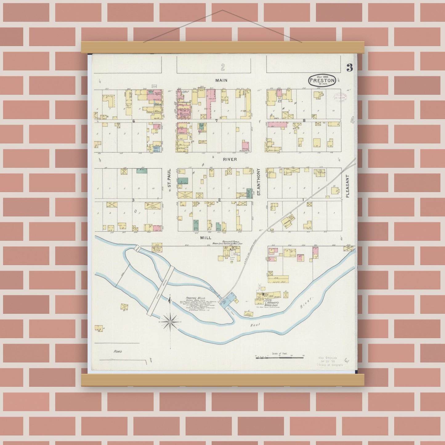 Old map wall art mockup — magnetic wood frame on brick wall — Sanborn Fire Insurance Map from Preston, Fillmore County, Minnesota (1894), Sheet #0003