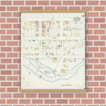 Old map wall art mockup — magnetic wood frame on brick wall — Sanborn Fire Insurance Map from Preston, Fillmore County, Minnesota (1894), Sheet #0003