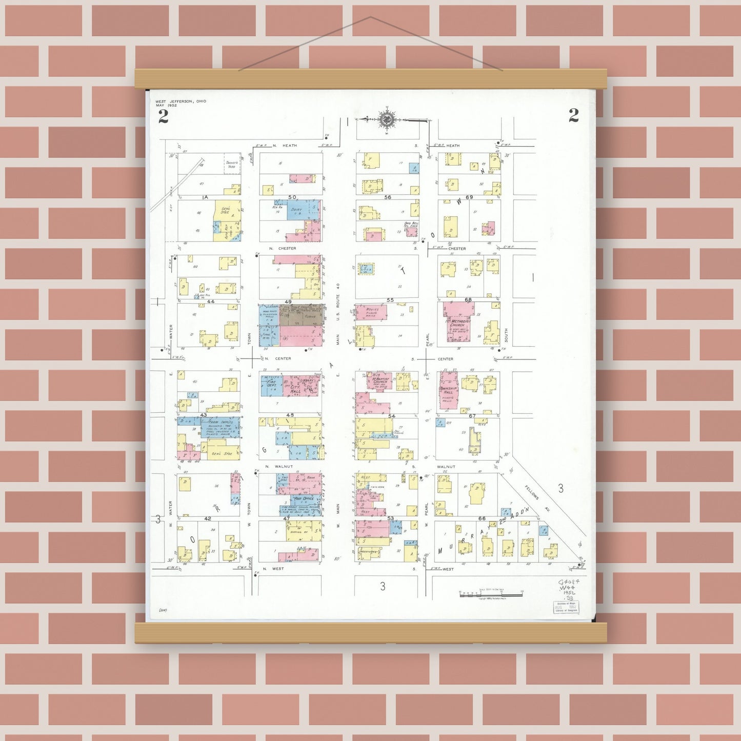 Old map wall art mockup — magnetic wood frame on brick wall — Sanborn Fire Insurance Map from West Jefferson, Madison County, Ohio (1952), Sheet #0002
