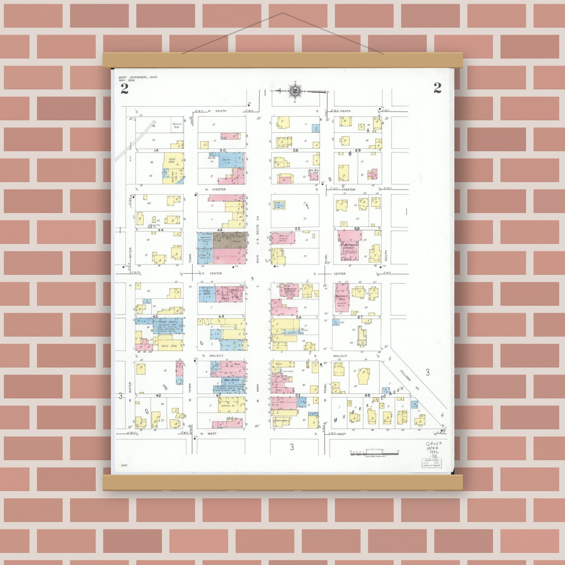 Old map wall art mockup — magnetic wood frame on brick wall — Sanborn Fire Insurance Map from West Jefferson, Madison County, Ohio (1952), Sheet #0002