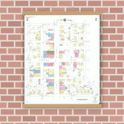 Old map wall art mockup — magnetic wood frame on brick wall — Sanborn Fire Insurance Map from West Jefferson, Madison County, Ohio (1952), Sheet #0002
