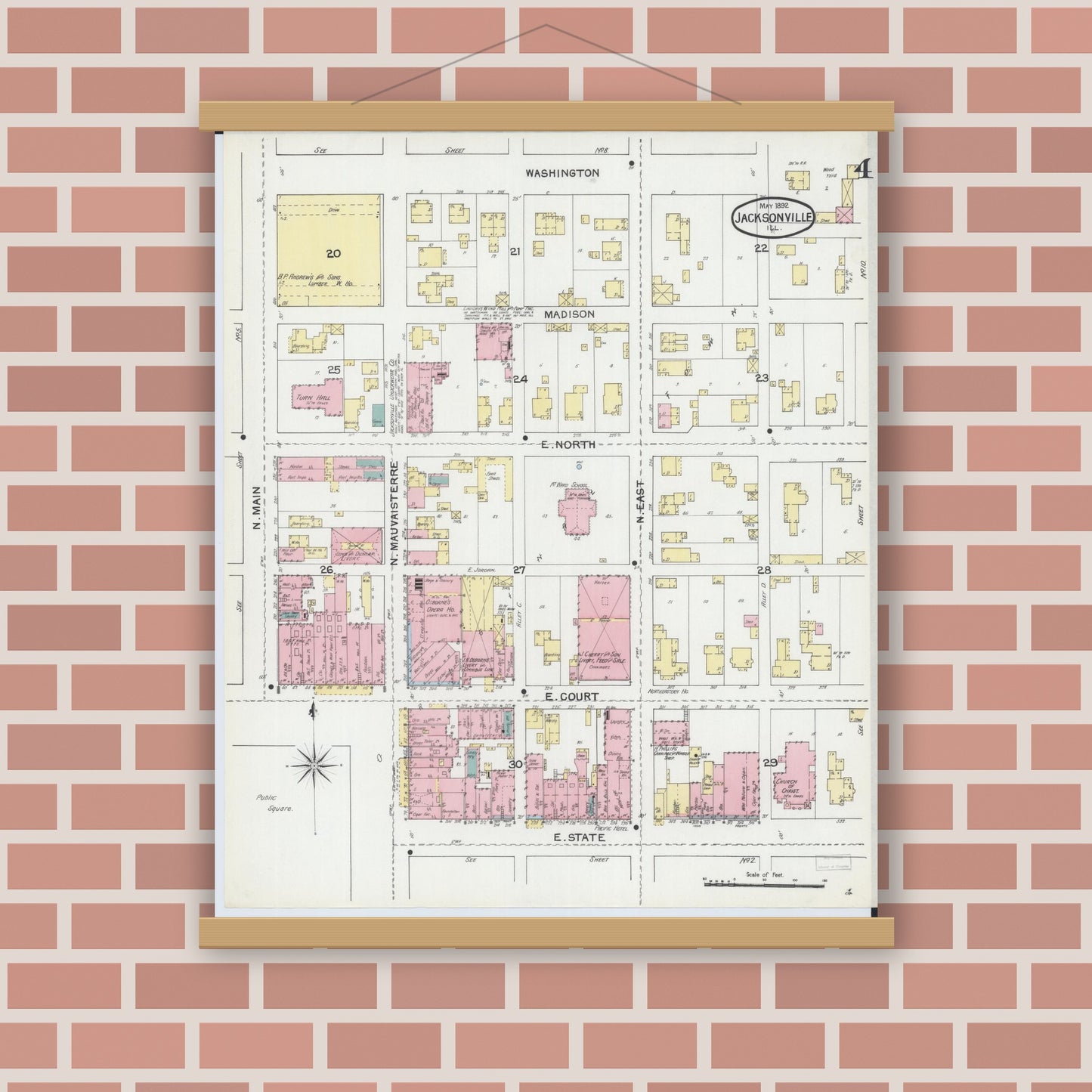 Old map wall art mockup — magnetic wood frame on brick wall — Sanborn Fire Insurance Map from Jacksonville, Morgan County, Illinois (1892), Sheet #0004