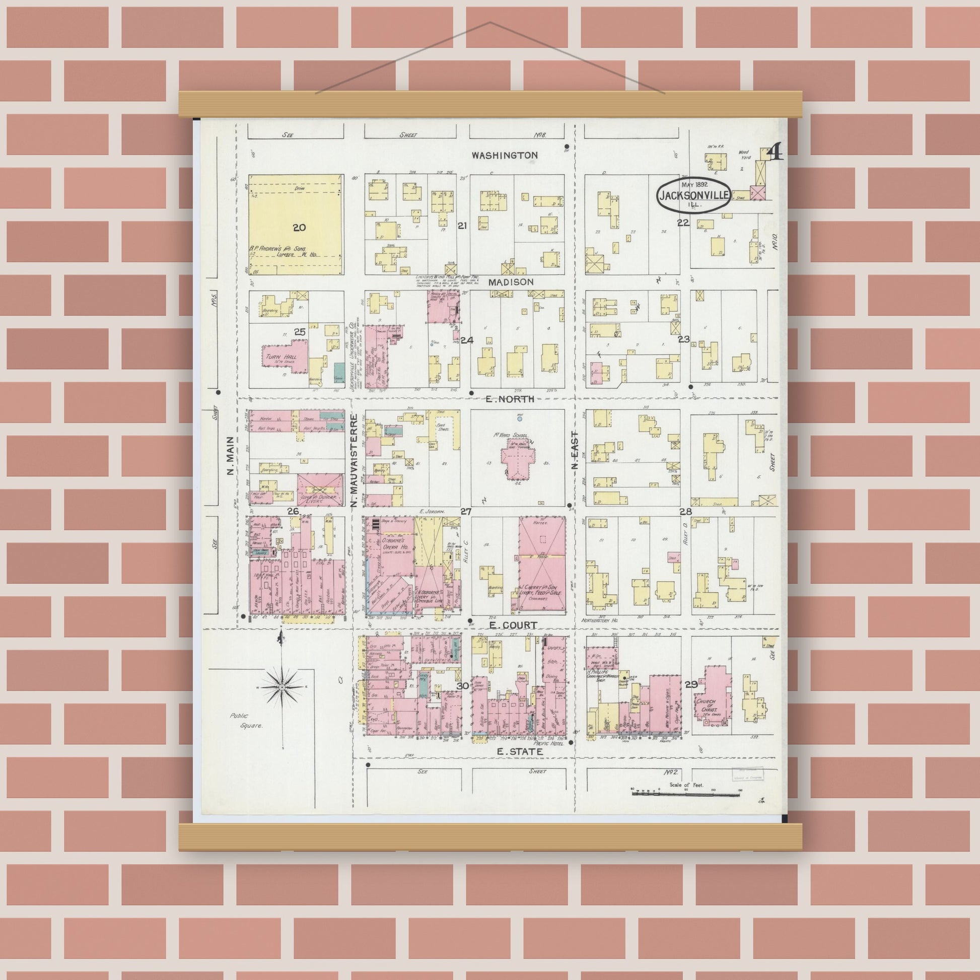 Old map wall art mockup — magnetic wood frame on brick wall — Sanborn Fire Insurance Map from Jacksonville, Morgan County, Illinois (1892), Sheet #0004