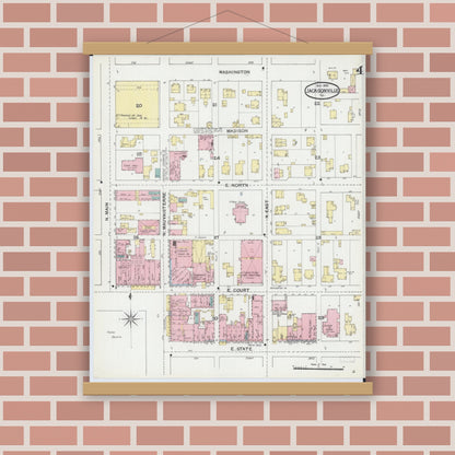 Old map wall art mockup — magnetic wood frame on brick wall — Sanborn Fire Insurance Map from Jacksonville, Morgan County, Illinois (1892), Sheet #0004