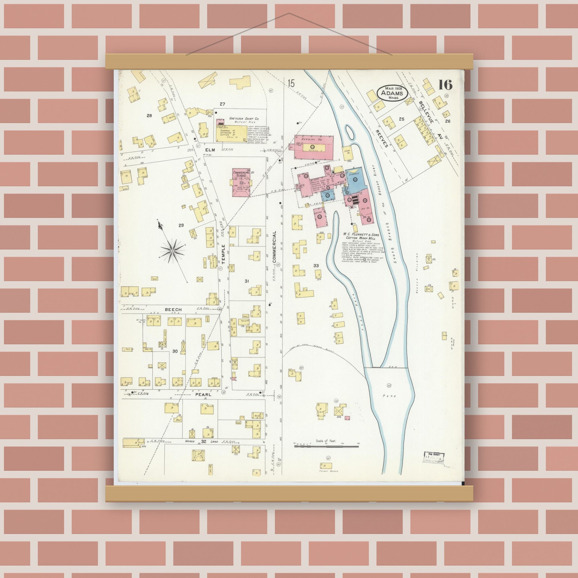 Old map wall art mockup — magnetic wood frame on brick wall — Sanborn Fire Insurance Map from Adams, Berkshire County, Massachusetts (1908), Sheet #0016