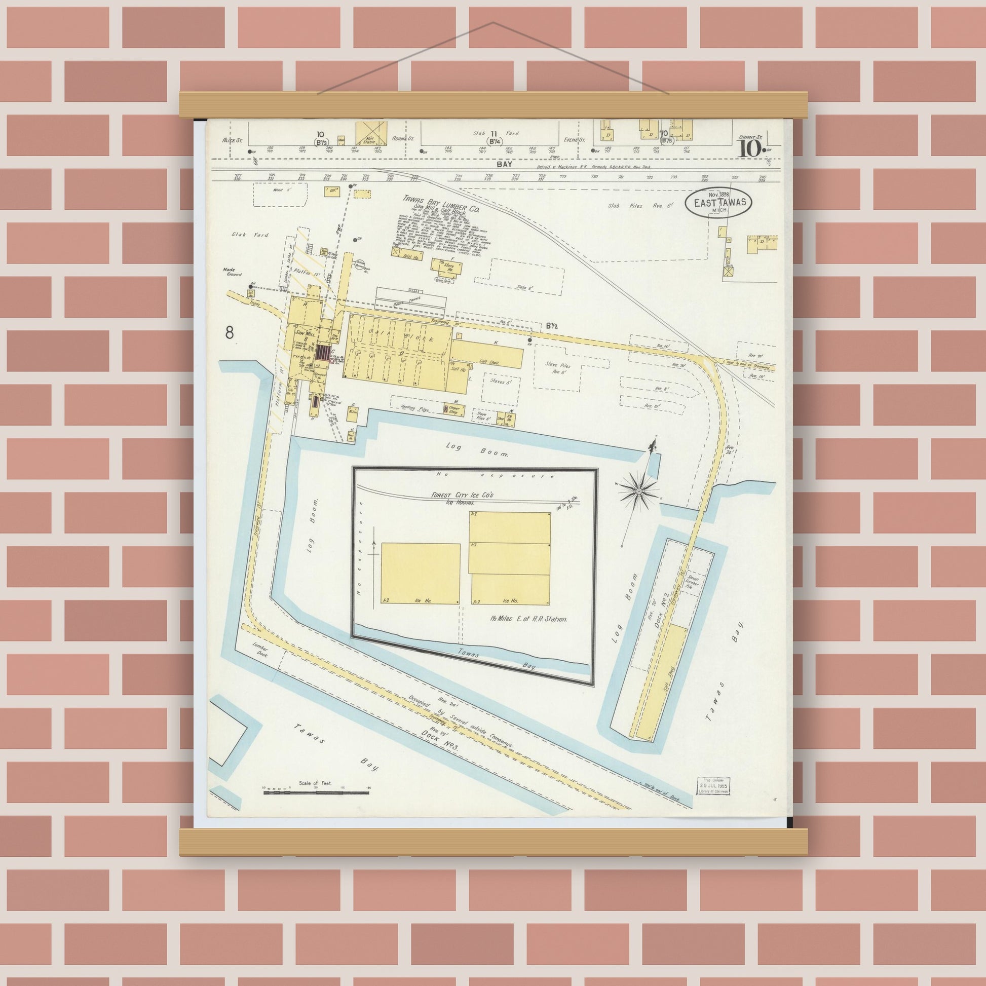 Old map wall art mockup — magnetic wood frame on brick wall — Sanborn Fire Insurance Map from East Tawas, Iosco County, Michigan (1898), Sheet #0010