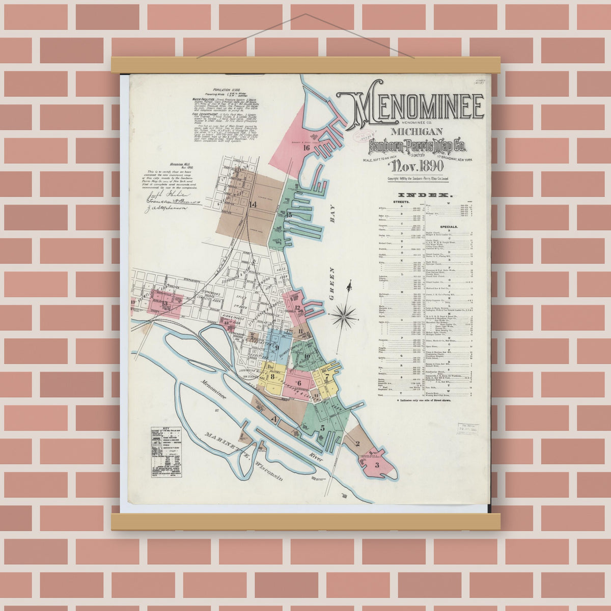 Old map wall art mockup — magnetic wood frame on brick wall — Sanborn Fire Insurance Map from Menominee, Menominee County, Michigan (1890) - Complete Map Set