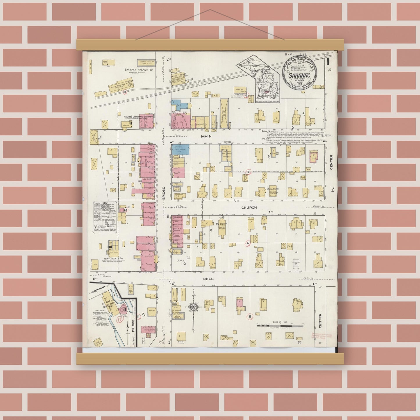 Old map wall art mockup — magnetic wood frame on brick wall — Sanborn Fire Insurance Map from Saranac, Ionia County, Michigan (1918) - Complete Map Set