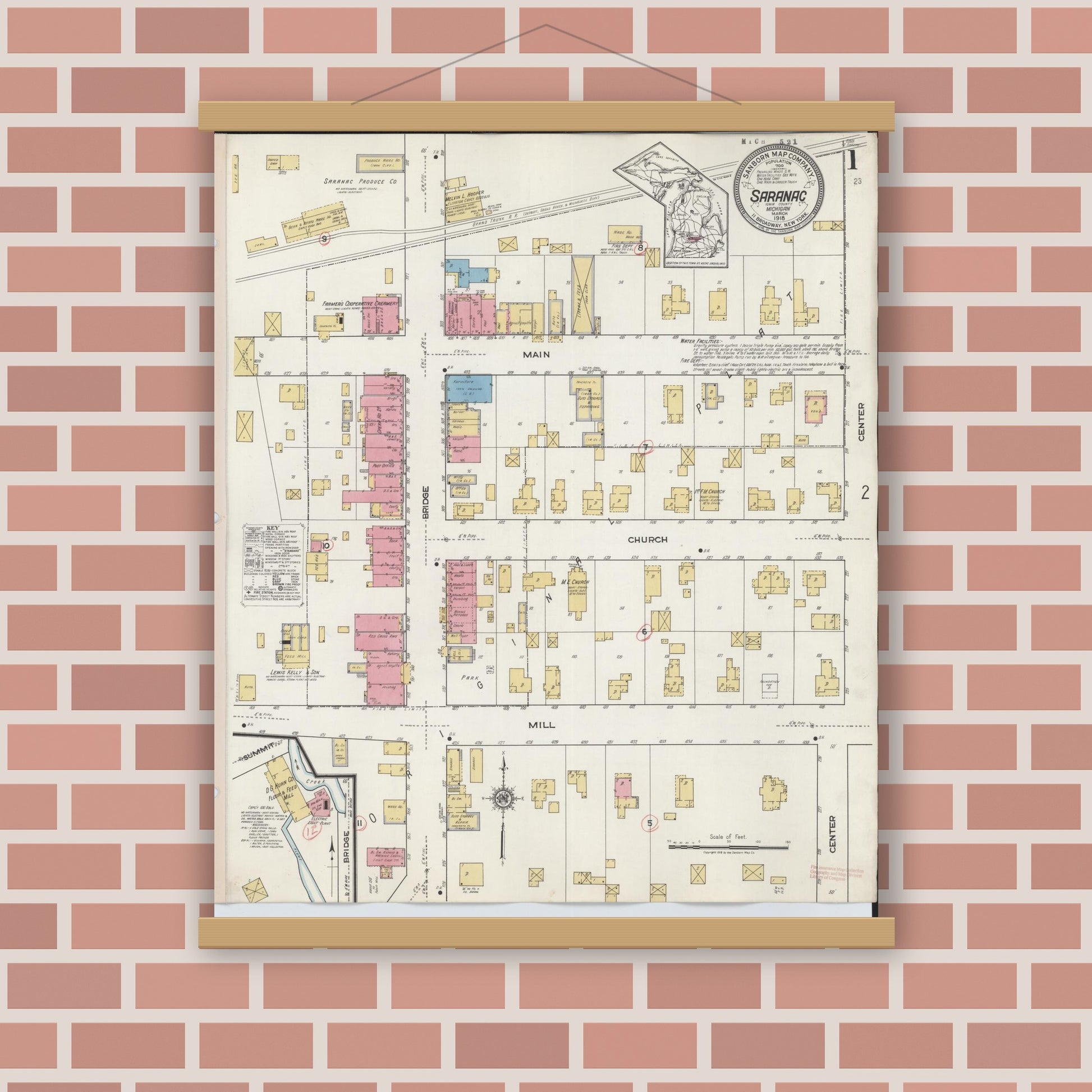 Old map wall art mockup — magnetic wood frame on brick wall — Sanborn Fire Insurance Map from Saranac, Ionia County, Michigan (1918) - Complete Map Set