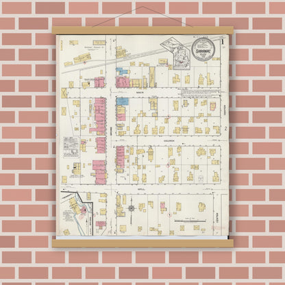 Old map wall art mockup — magnetic wood frame on brick wall — Sanborn Fire Insurance Map from Saranac, Ionia County, Michigan (1918) - Complete Map Set
