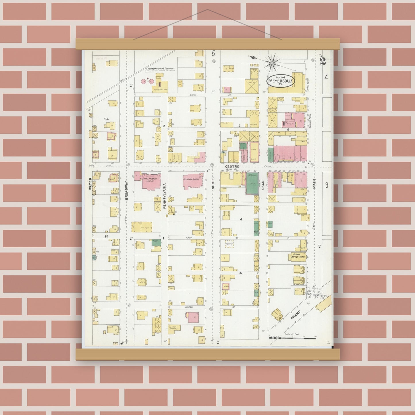 Old map wall art mockup — magnetic wood frame on brick wall — Sanborn Fire Insurance Map from Meyersdale, Somerset County, Pennsylvania (1904), Sheet #0002