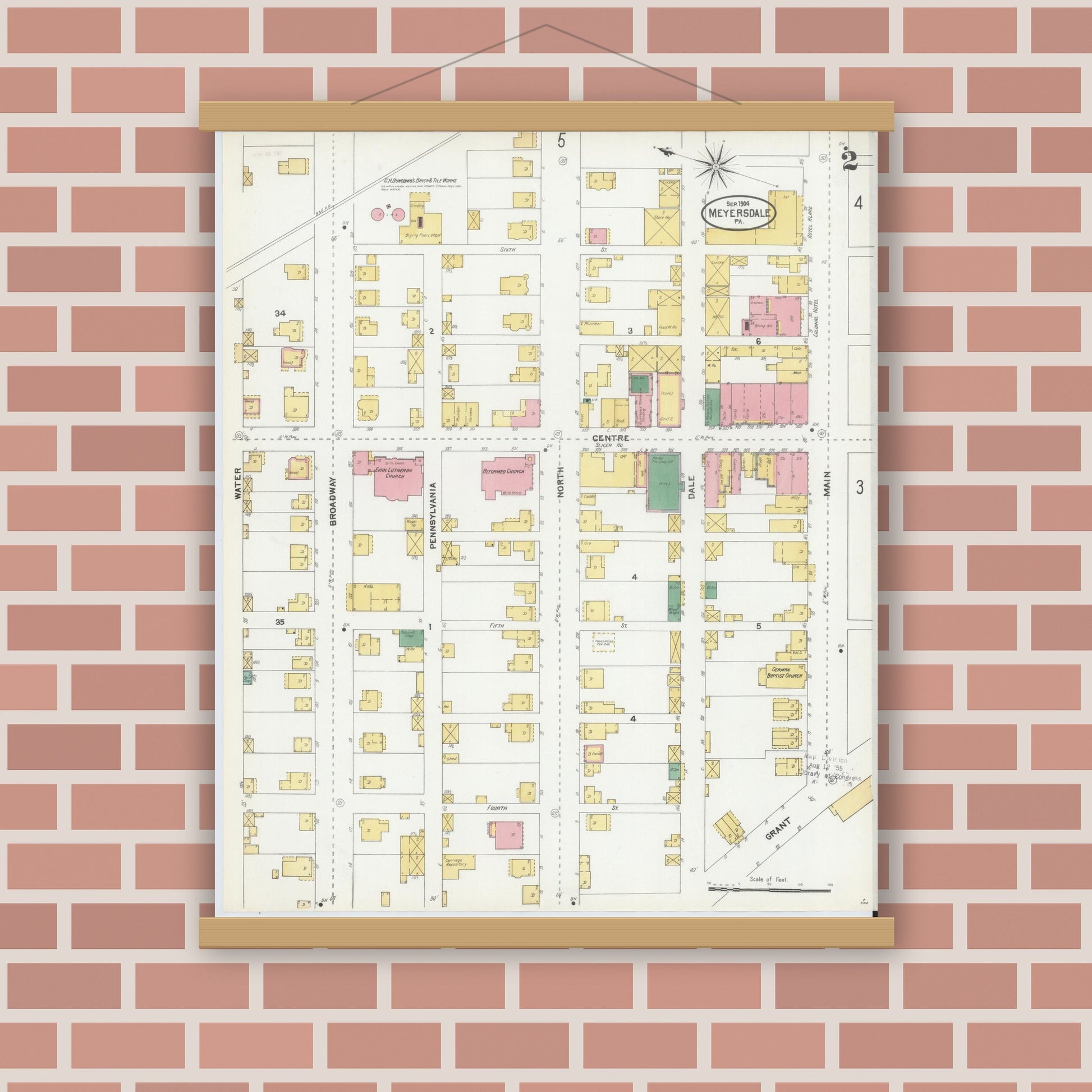 Old map wall art mockup — magnetic wood frame on brick wall — Sanborn Fire Insurance Map from Meyersdale, Somerset County, Pennsylvania (1904), Sheet #0002
