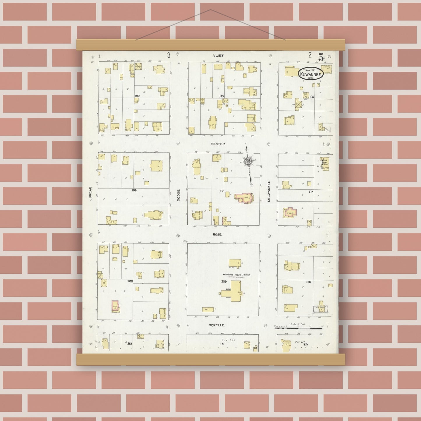 Old map wall art mockup — magnetic wood frame on brick wall — Sanborn Fire Insurance Map from Kewaunee, Kewaunee County, Wisconsin (1911), Sheet #0005