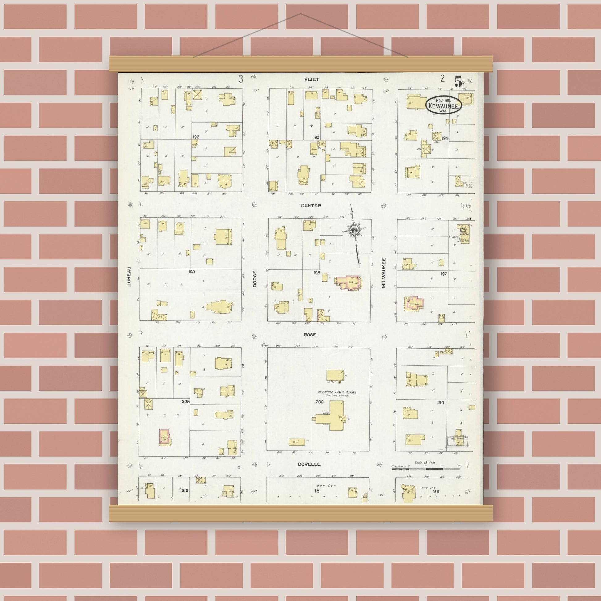 Old map wall art mockup — magnetic wood frame on brick wall — Sanborn Fire Insurance Map from Kewaunee, Kewaunee County, Wisconsin (1911), Sheet #0005