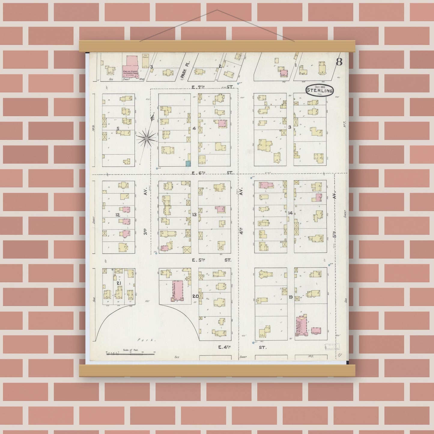 Old map wall art mockup — magnetic wood frame on brick wall — Sanborn Fire Insurance Map from Sterling, Whiteside County, Illinois (1891), Sheet #0008