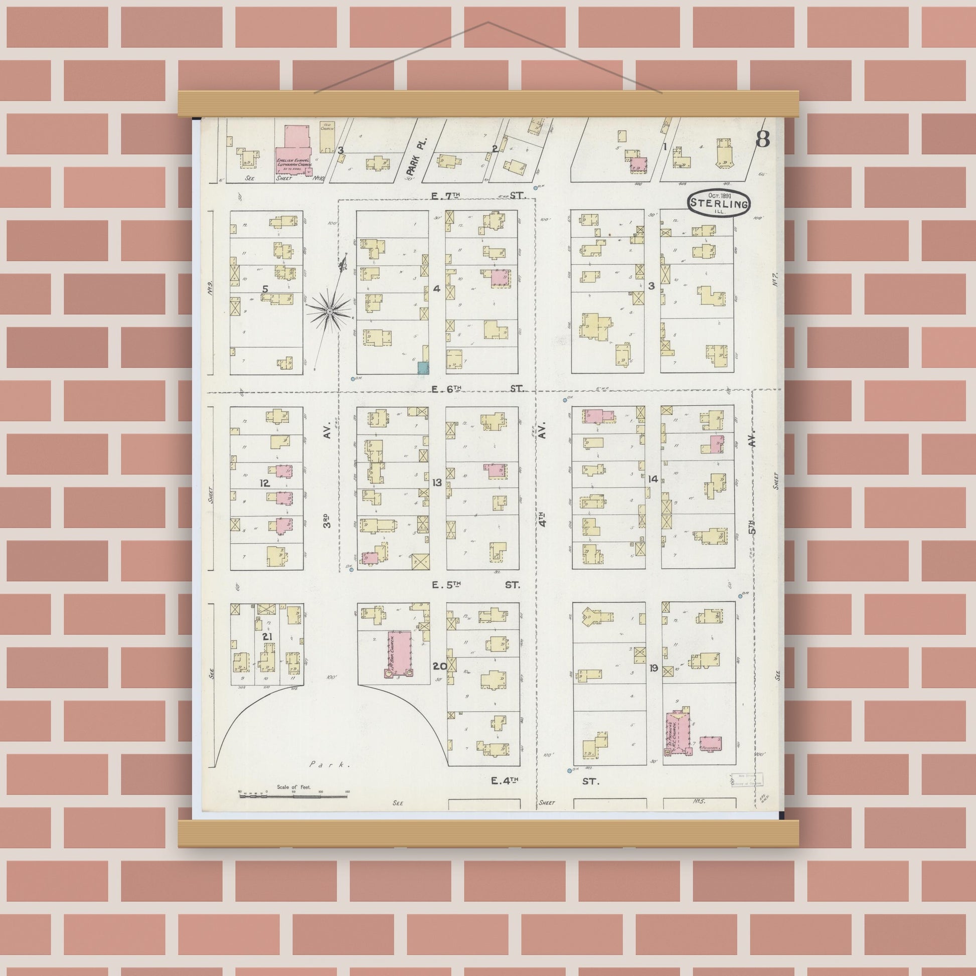 Old map wall art mockup — magnetic wood frame on brick wall — Sanborn Fire Insurance Map from Sterling, Whiteside County, Illinois (1891), Sheet #0008