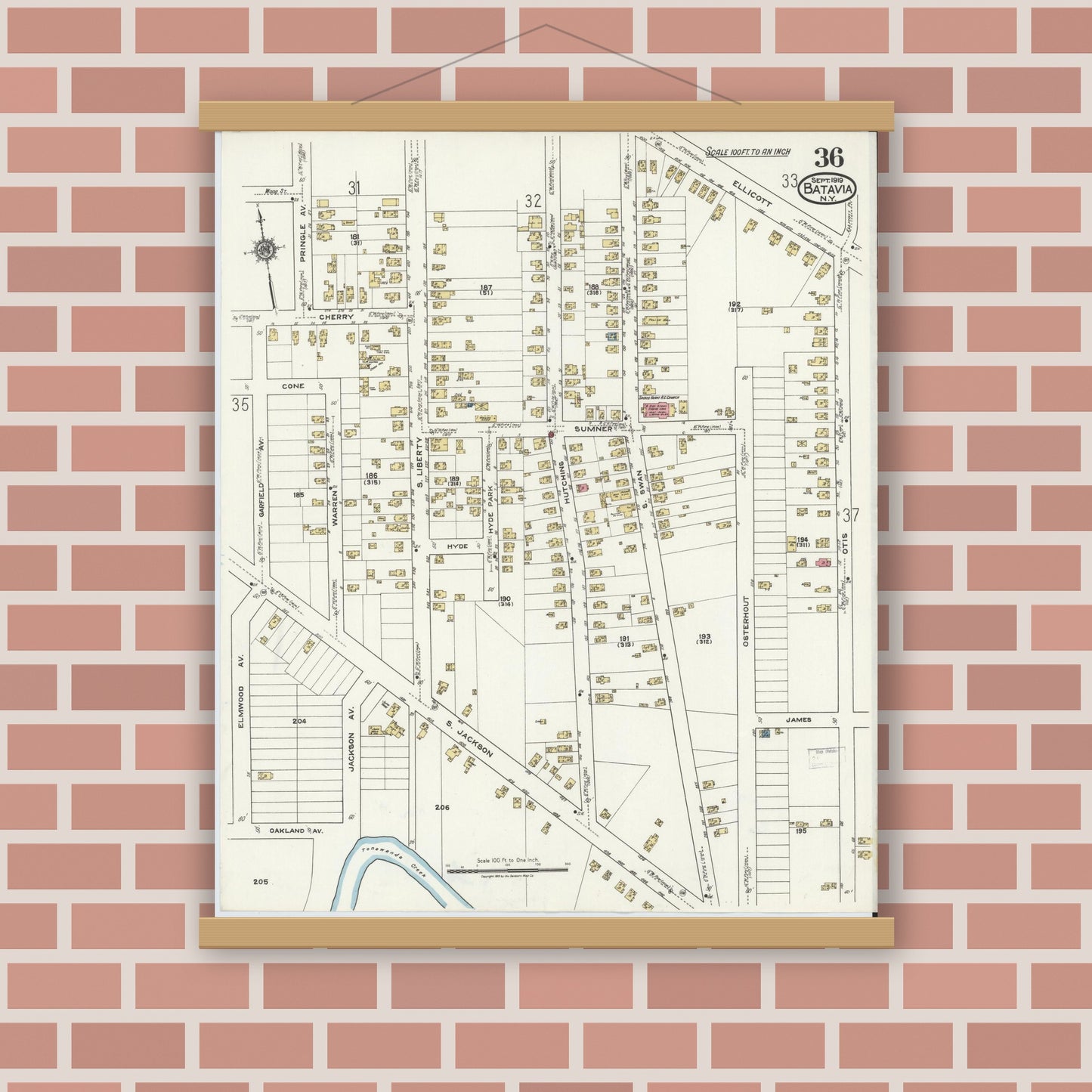 Old map wall art mockup — magnetic wood frame on brick wall — Sanborn Fire Insurance Map from Batavia, Genesee County, New York (1919), Sheet #0036