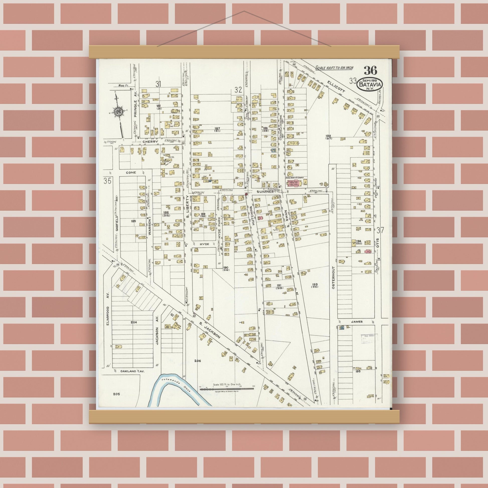 Old map wall art mockup — magnetic wood frame on brick wall — Sanborn Fire Insurance Map from Batavia, Genesee County, New York (1919), Sheet #0036