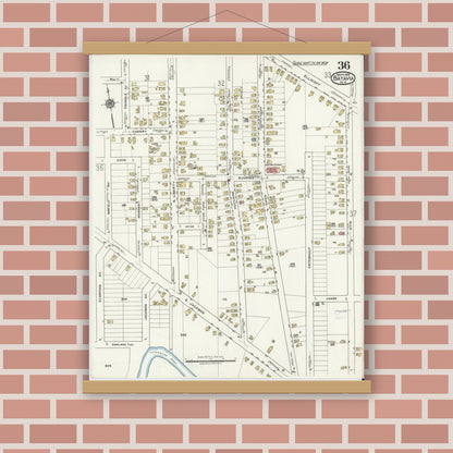 Old map wall art mockup — magnetic wood frame on brick wall — Sanborn Fire Insurance Map from Batavia, Genesee County, New York (1919), Sheet #0036