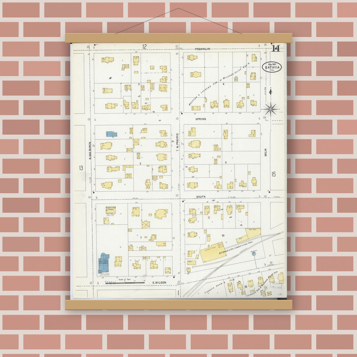 Old map wall art mockup — magnetic wood frame on brick wall — Sanborn Fire Insurance Map from Batavia, Kane County, Illinois (1907), Sheet #0014