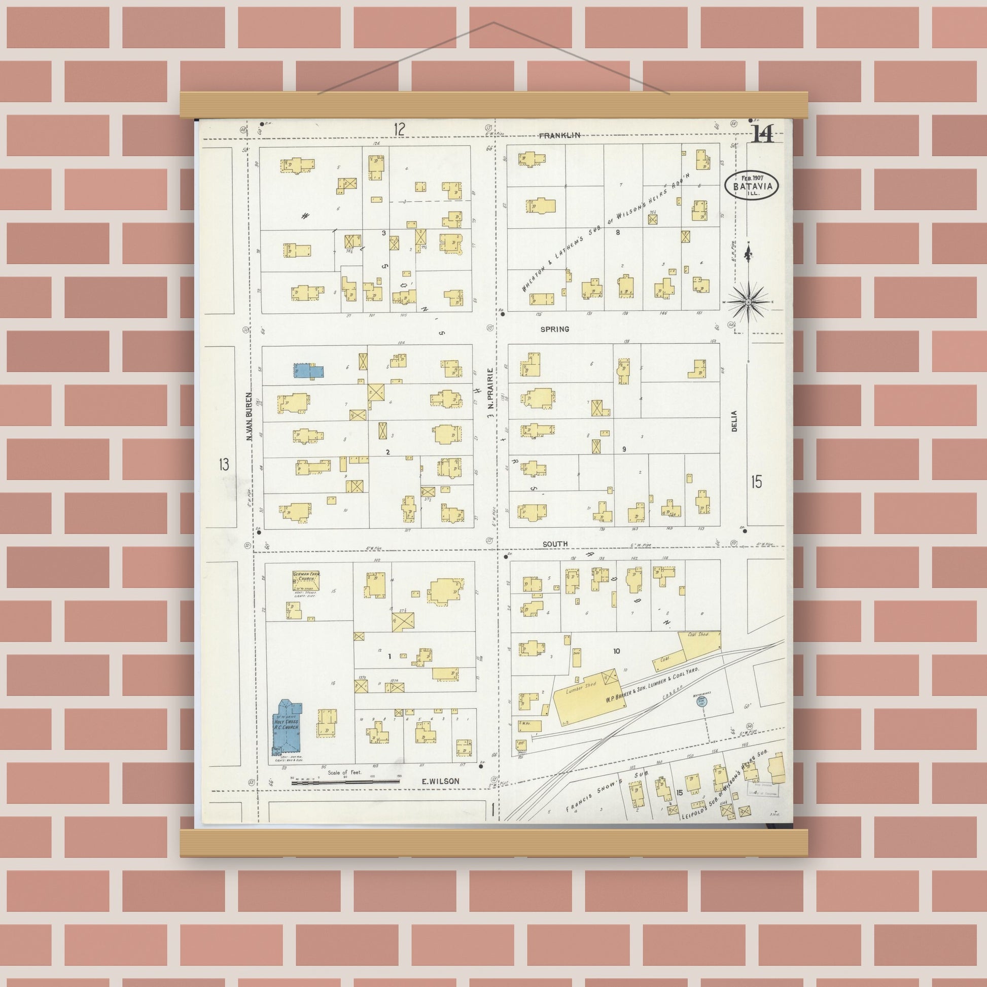 Old map wall art mockup — magnetic wood frame on brick wall — Sanborn Fire Insurance Map from Batavia, Kane County, Illinois (1907), Sheet #0014