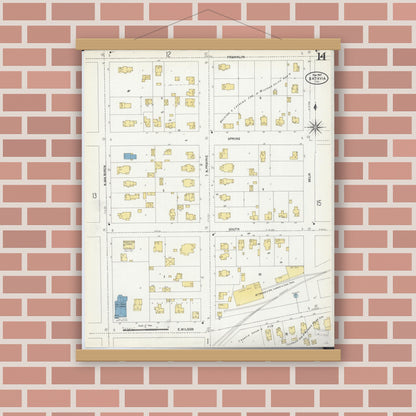 Old map wall art mockup — magnetic wood frame on brick wall — Sanborn Fire Insurance Map from Batavia, Kane County, Illinois (1907), Sheet #0014