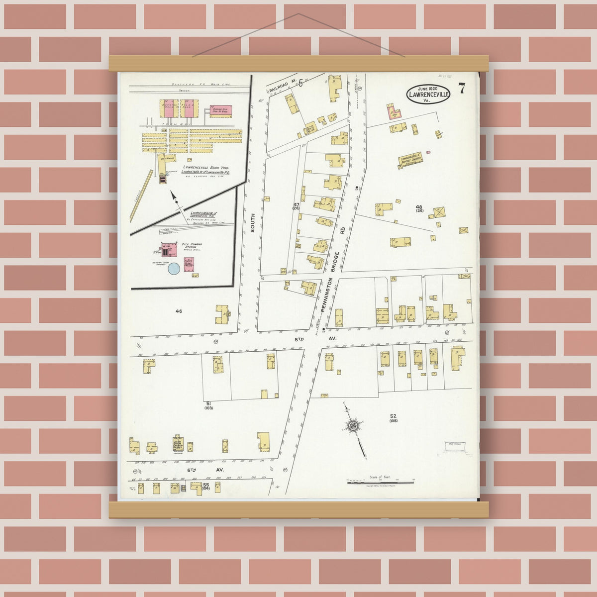 Old map wall art mockup — magnetic wood frame on brick wall — Sanborn Fire Insurance Map from Lawrenceville, Brunswick County, Virginia (1920), Sheet #0007