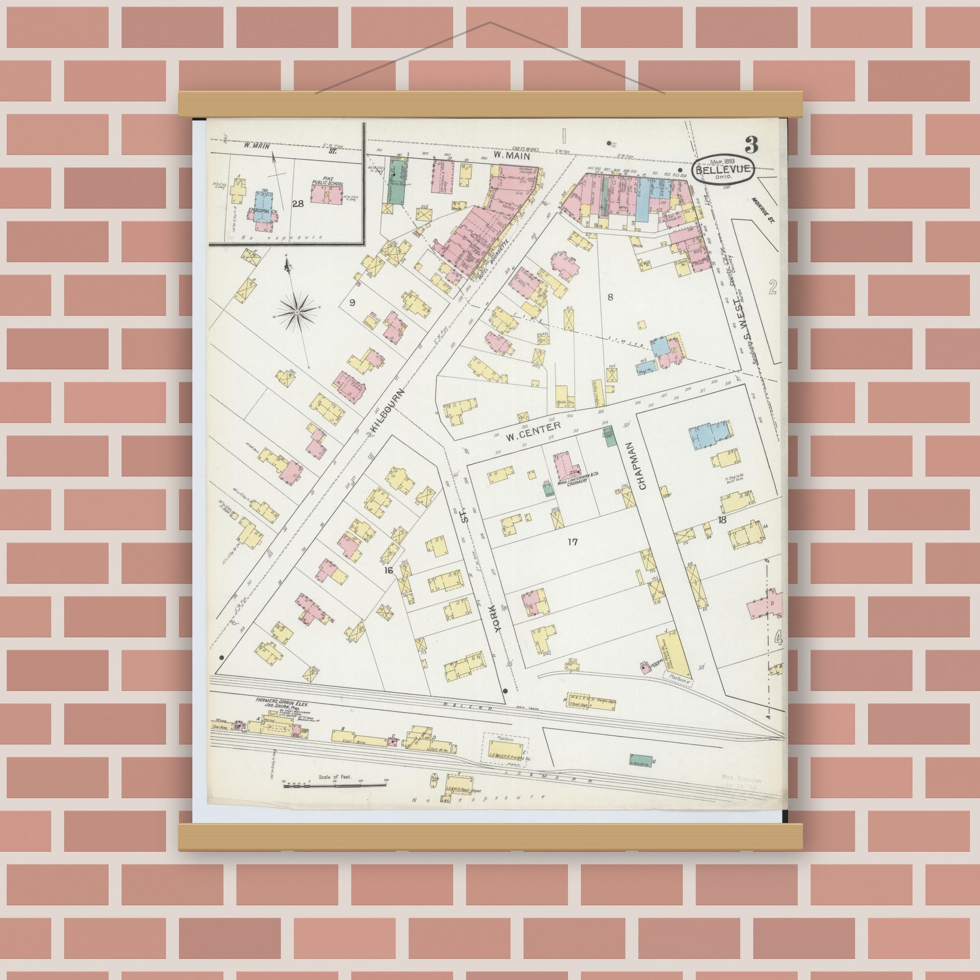 Old map wall art mockup — magnetic wood frame on brick wall — Sanborn Fire Insurance Map from Bellevue, Huron And Sandusky County, Ohio (1893), Sheet #0003