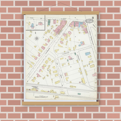 Old map wall art mockup — magnetic wood frame on brick wall — Sanborn Fire Insurance Map from Bellevue, Huron And Sandusky County, Ohio (1893), Sheet #0003