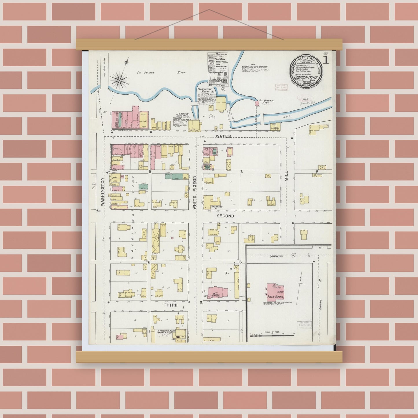 Old map wall art mockup — magnetic wood frame on brick wall — Sanborn Fire Insurance Map from Constantine, Saint Joseph County, Michigan (1892) - Complete Map Set