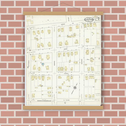Old map wall art mockup — magnetic wood frame on brick wall — Sanborn Fire Insurance Map from Hackettstown, Warren County, New Jersey (1914), Sheet #0007