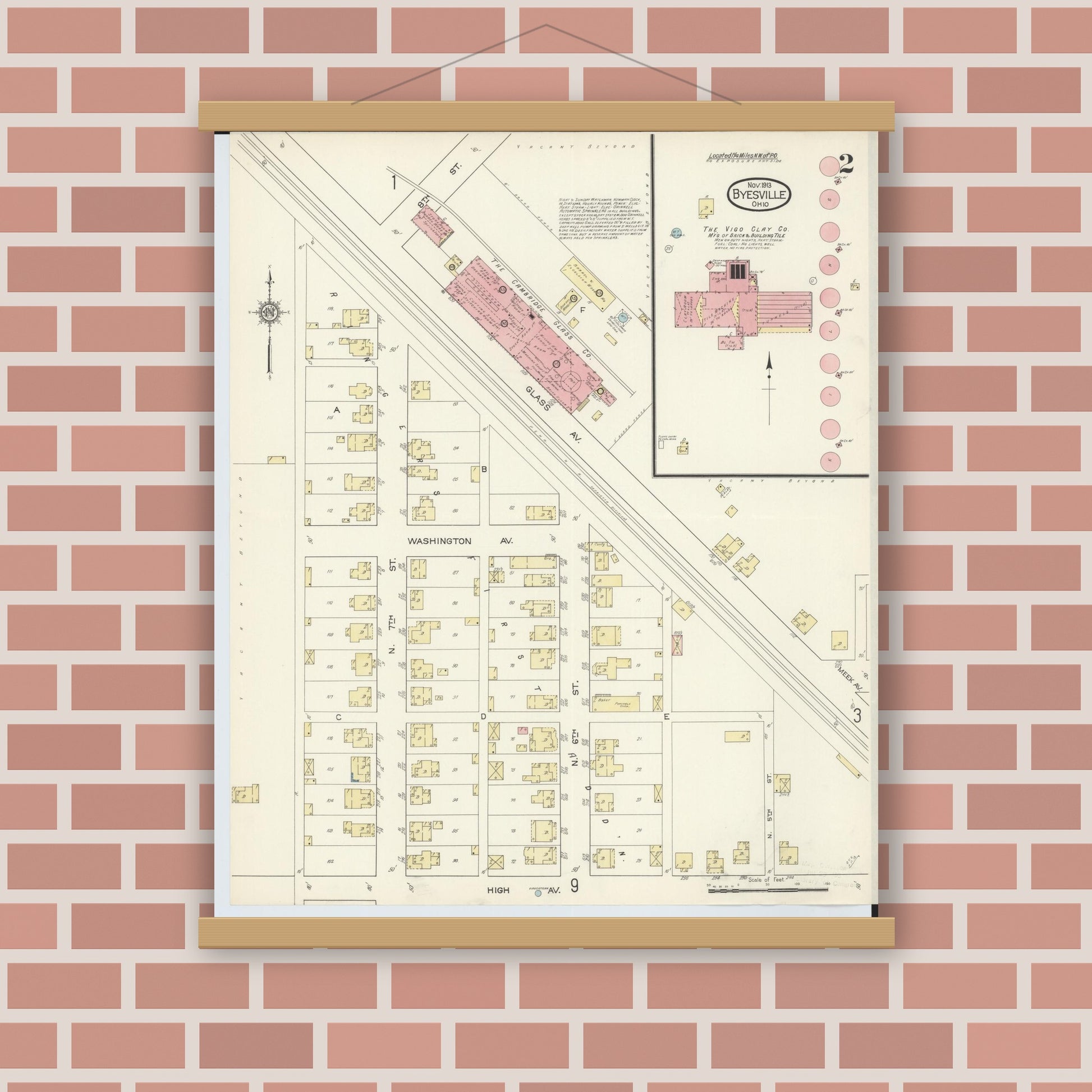 Old map wall art mockup — magnetic wood frame on brick wall — Sanborn Fire Insurance Map from Byesville, Guernsey County, Ohio (1913), Sheet #0002