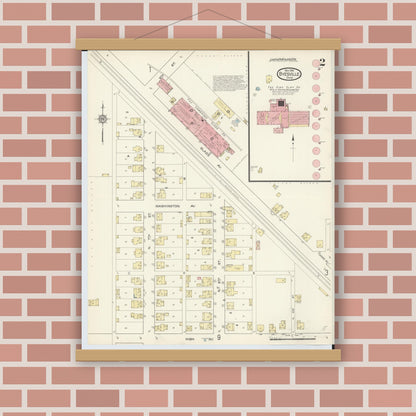 Old map wall art mockup — magnetic wood frame on brick wall — Sanborn Fire Insurance Map from Byesville, Guernsey County, Ohio (1913), Sheet #0002