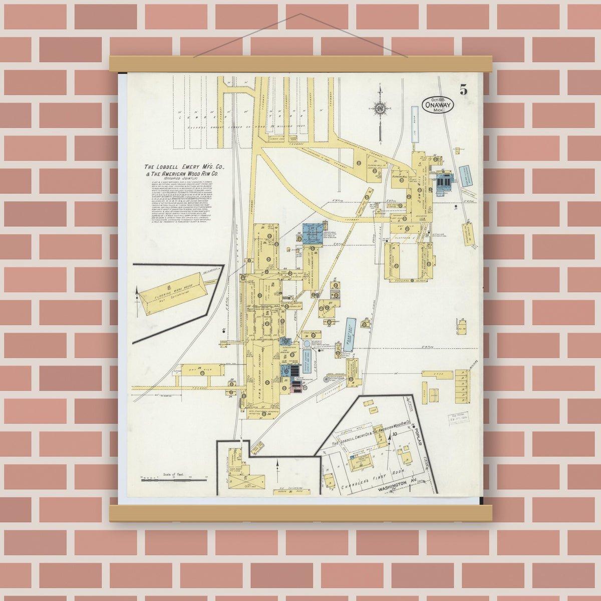 Old map wall art mockup — magnetic wood frame on brick wall — Sanborn Fire Insurance Map from Onaway, Presque Isle County, Michigan (1915), Sheet #0005