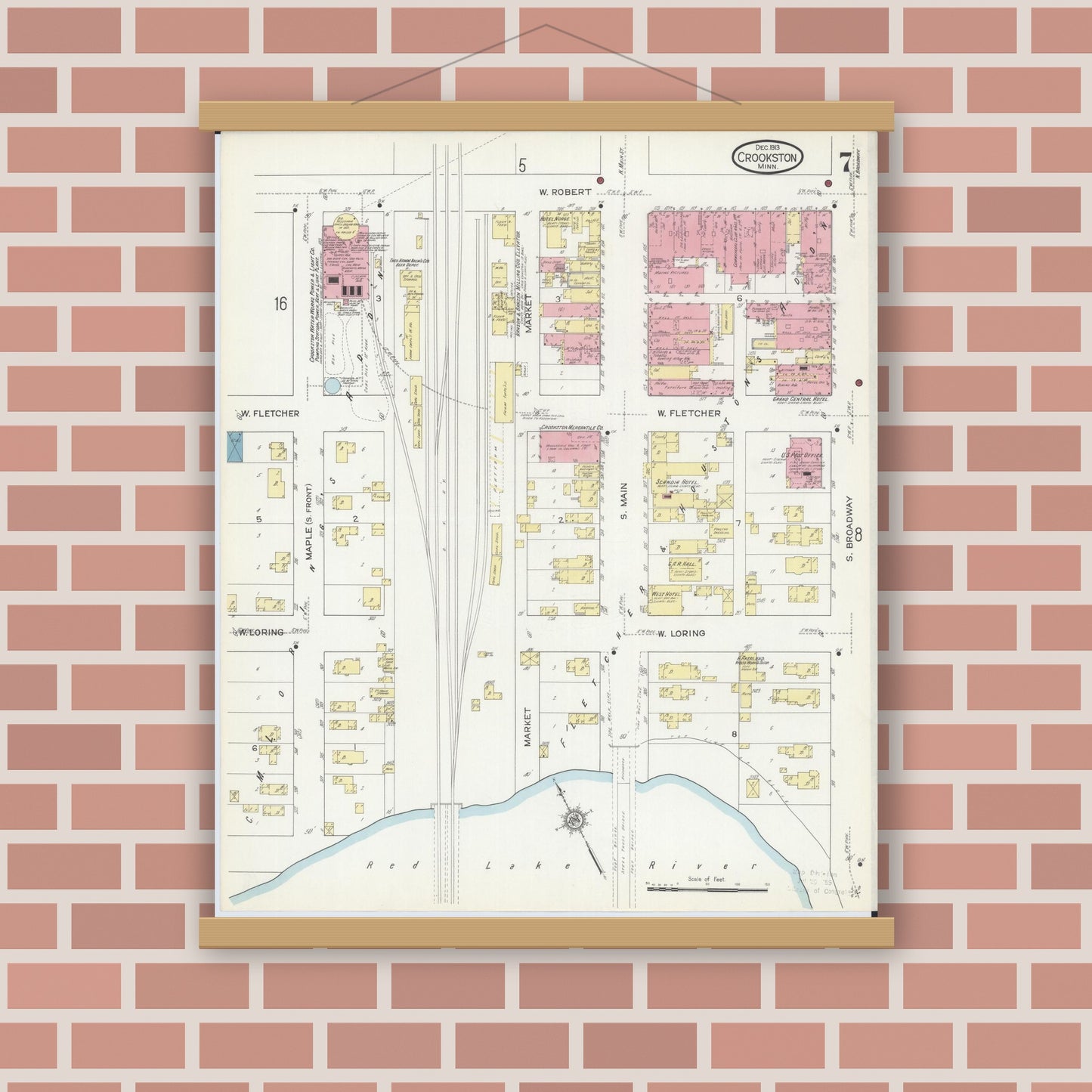 Old map wall art mockup — magnetic wood frame on brick wall — Sanborn Fire Insurance Map from Crookston, Polk County, Minnesota (1913), Sheet #0007
