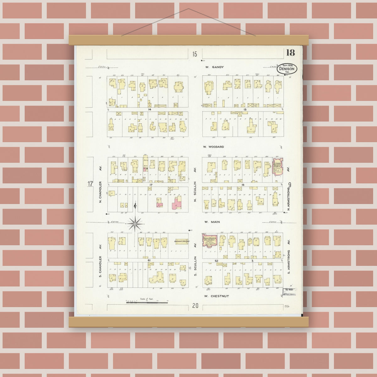 Old map wall art mockup — magnetic wood frame on brick wall — Sanborn Fire Insurance Map from Denison, Grayson County, Texas (1908), Sheet #0018
